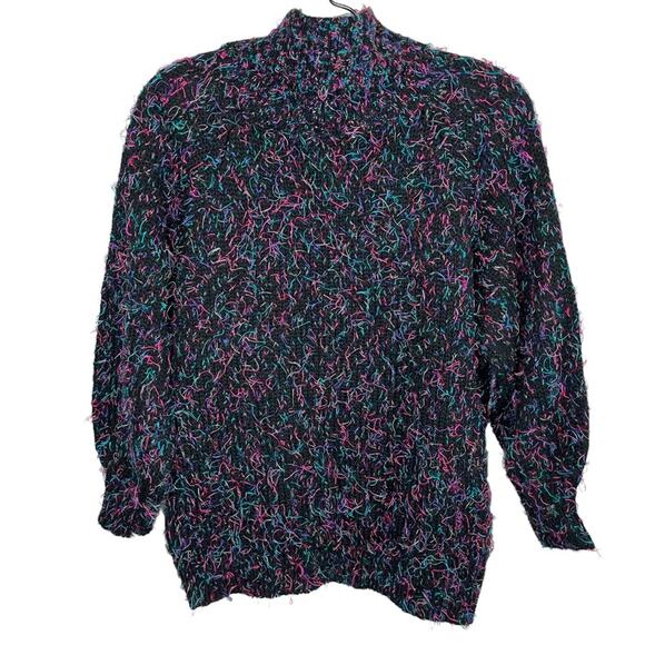 Side Effects Vintage 80s Speckled Eyelash Fuzzy Mock Neck Bishop Sleeve Sweater - Picture 2 of 5